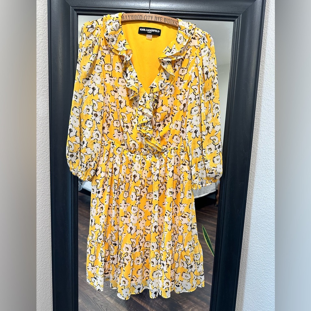 Karl Lagerfeld Yellow Floral Ruffle Midi Dress